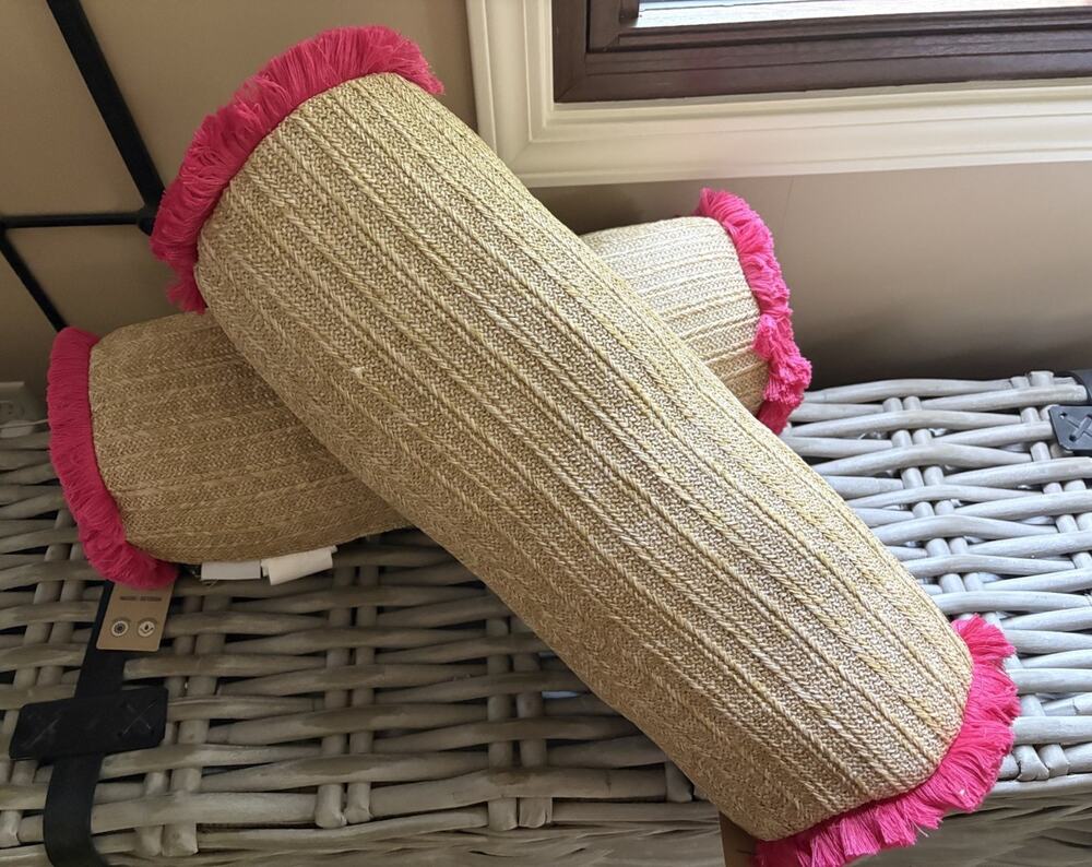 Tommy Bahama Indoor/Outdoor Straw Bolster Pillows Pink Fringe NWT 20”X 7”